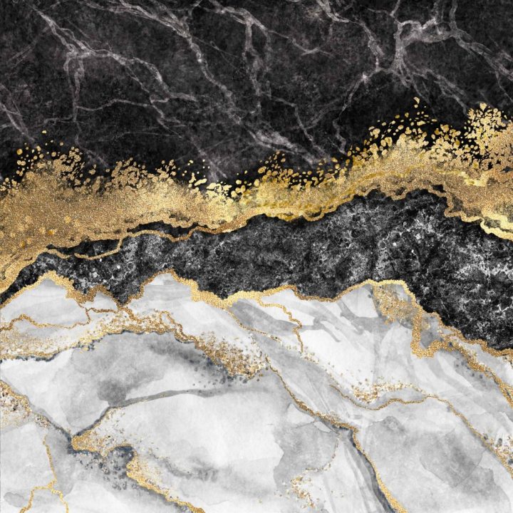 A black and white marble background with gold accents.